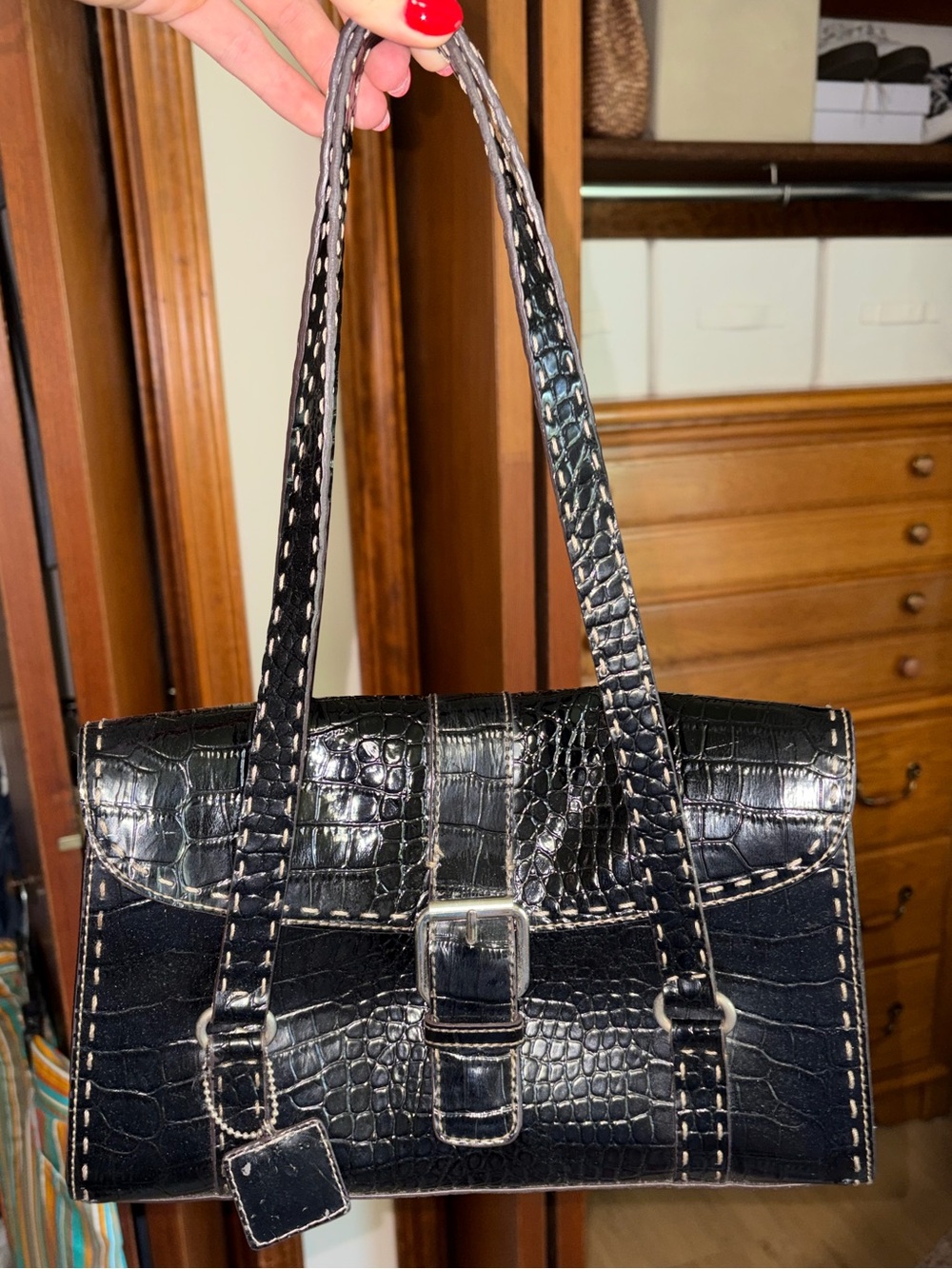 Liz Claiborne Black Croc-Embossed Shoulder Bag with White Stitching